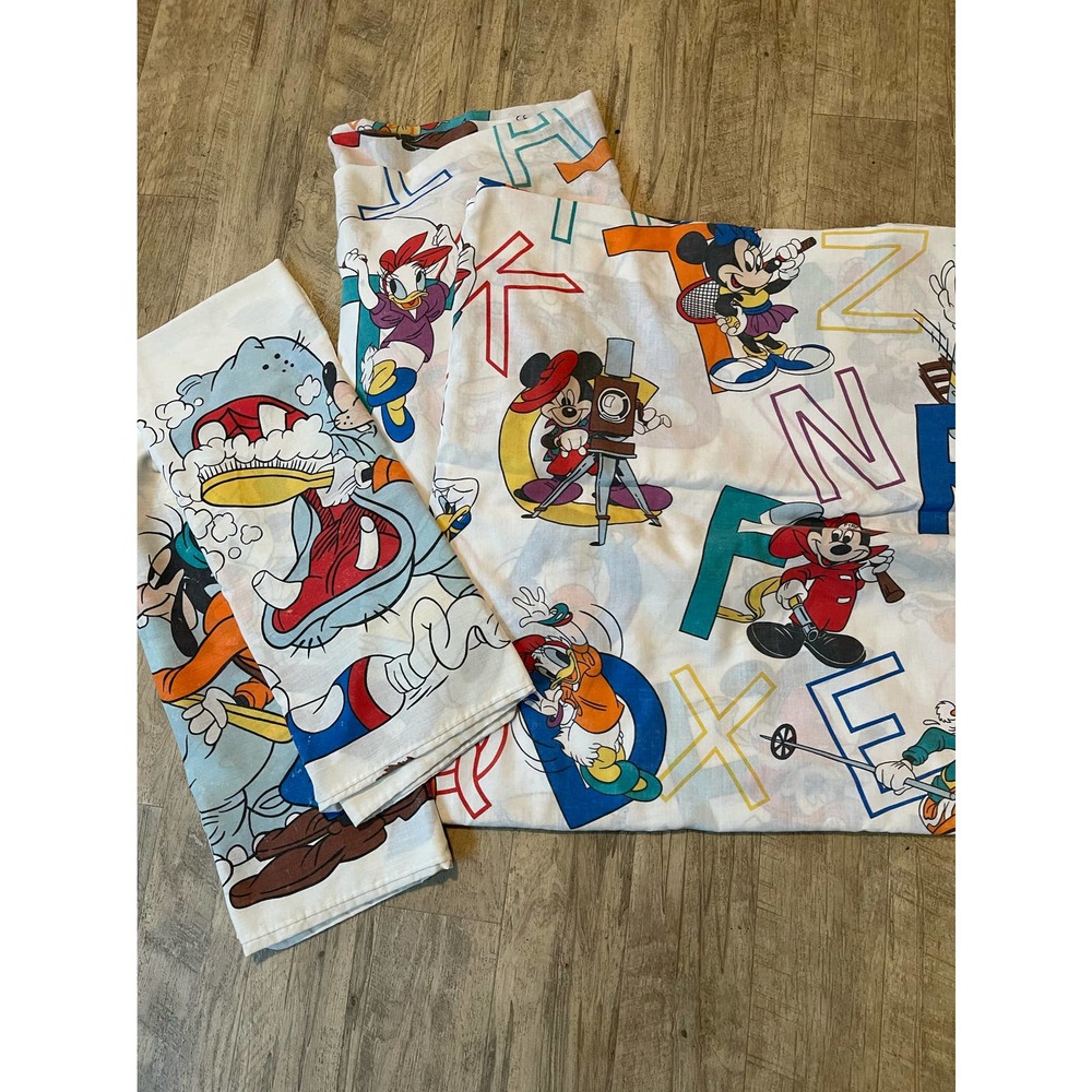Vtg 4pc Mickey Mouse & Friends ABC Alphabet Full Size Sheet Set w/Cases & Sheets